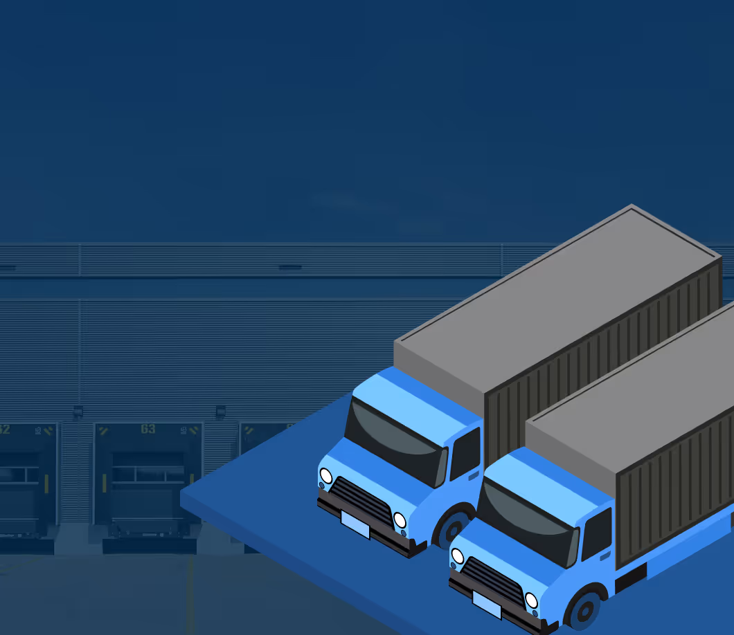 Two graphic trucks parked in front of a warehouse dock with bay doors numbered 62 and 63