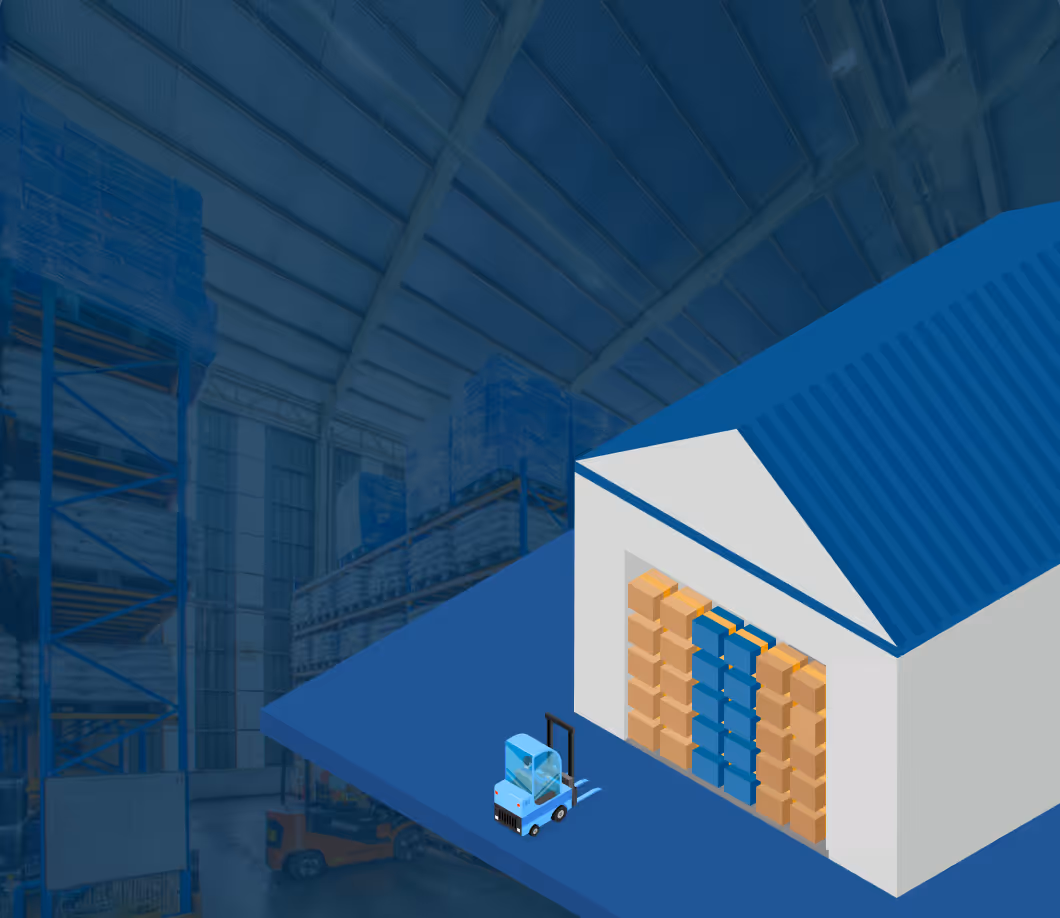 Warehouse interior with high stacked inventory and a graphic overlay showing a forklift unloading boxes into a warehouse storage unit