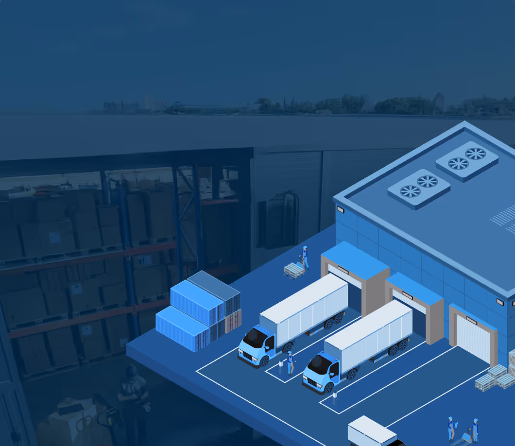 Illustrated logistics warehouse with delivery trucks, shipping containers, and workers loading and unloading goods