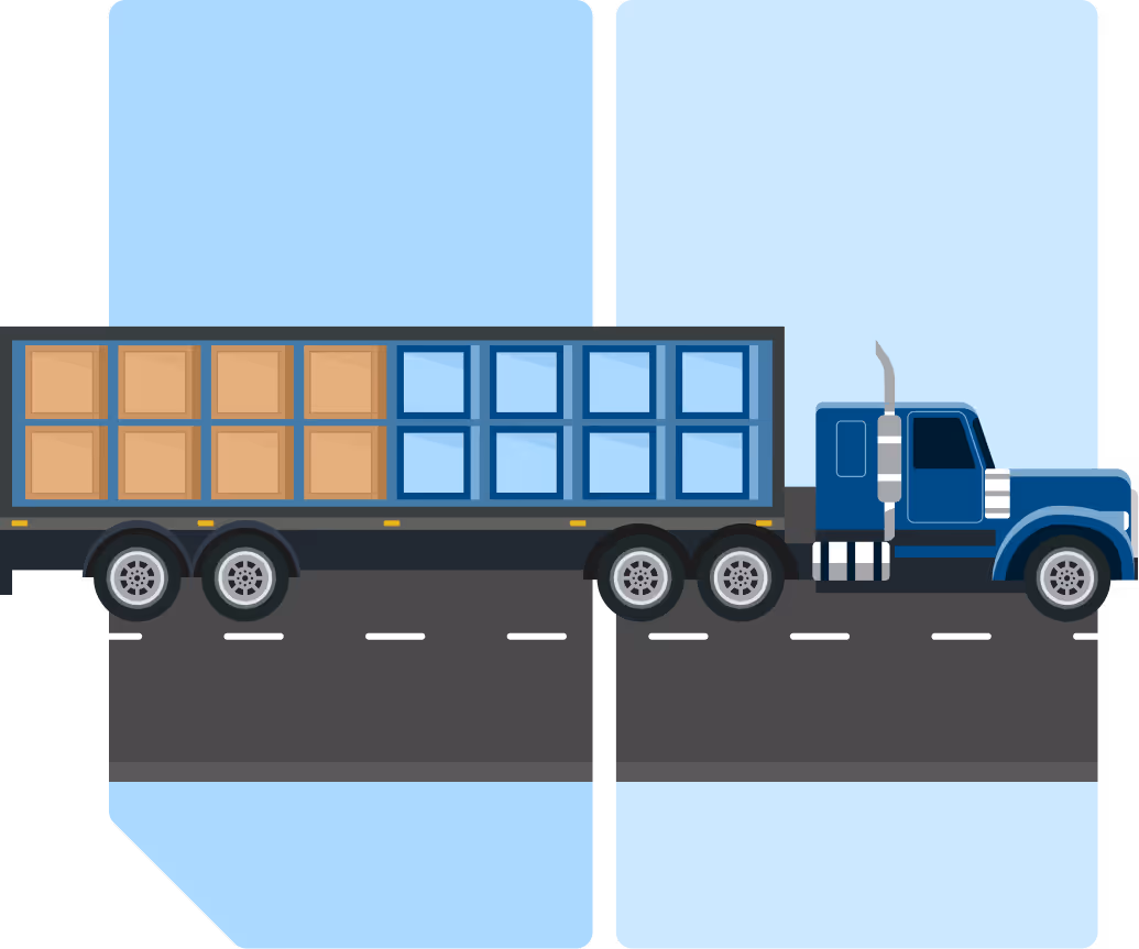 Illustration of a freight truck on a road carrying brown and blue cargo boxes