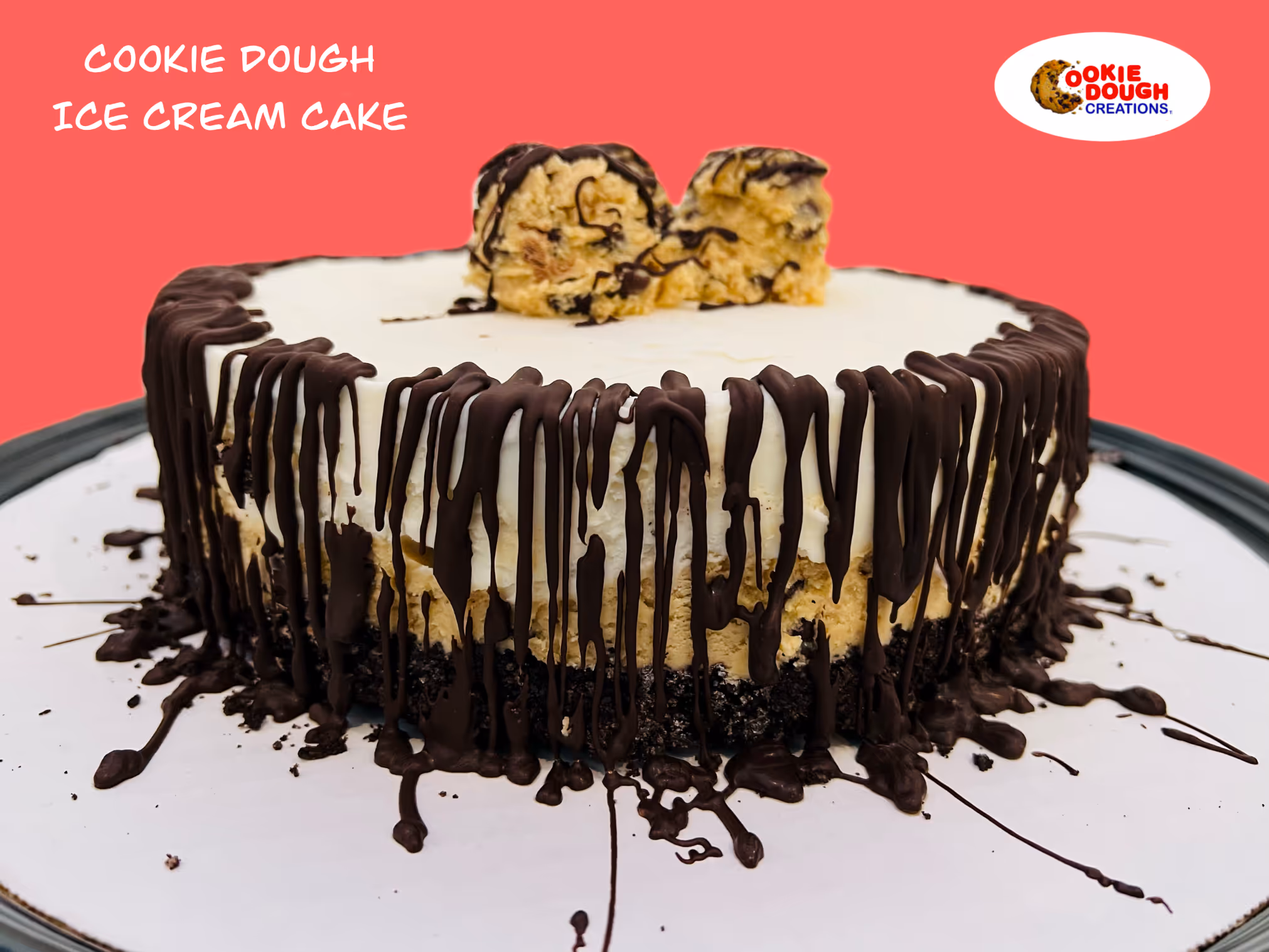 Cookie Dough Creations custom ice cream cake with cookie dough and Oreo crust