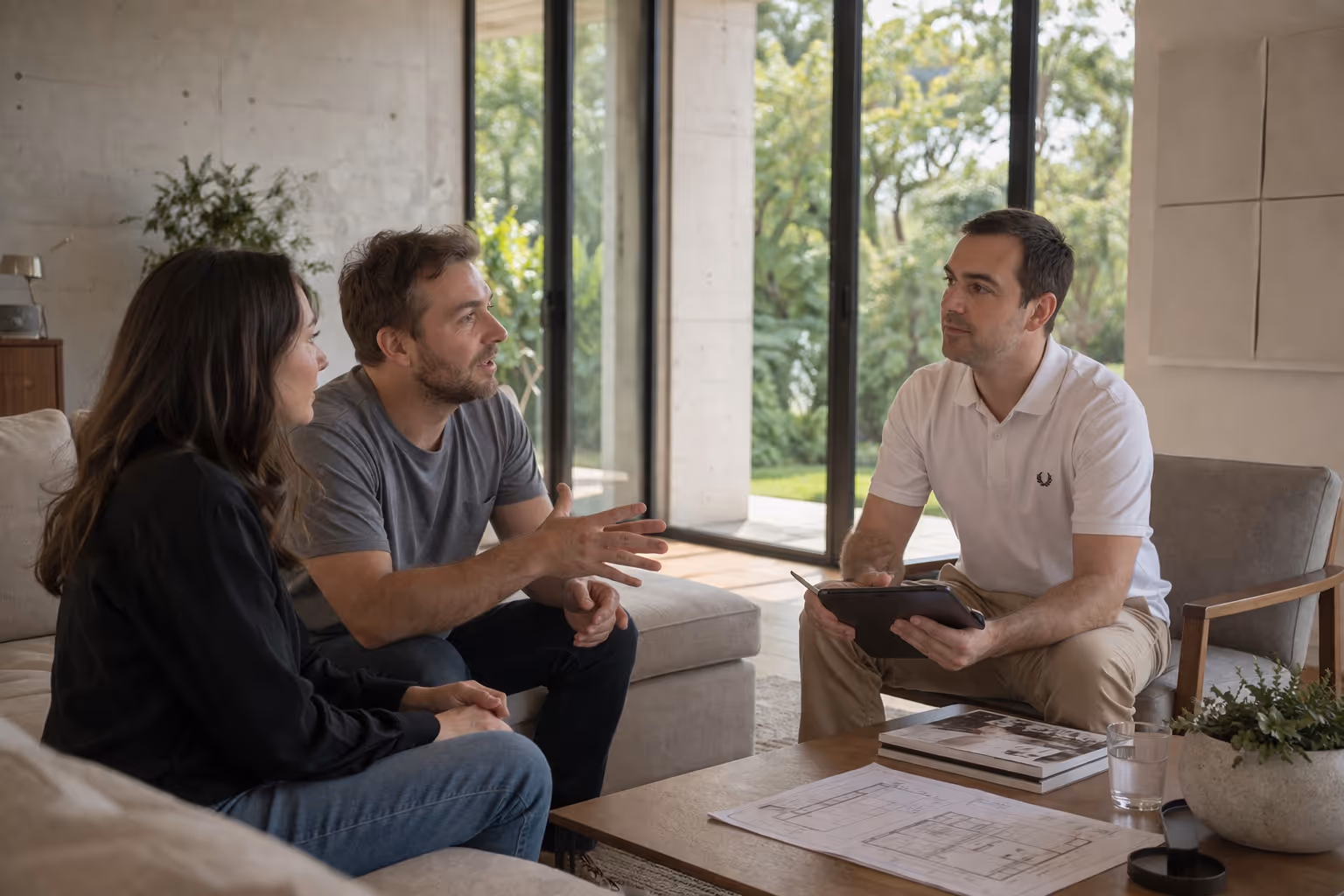 Nicholas Marriott consulting with clients on architectural acoustics and sustainable design. Features a modern interior with large windows and technical floor plans.