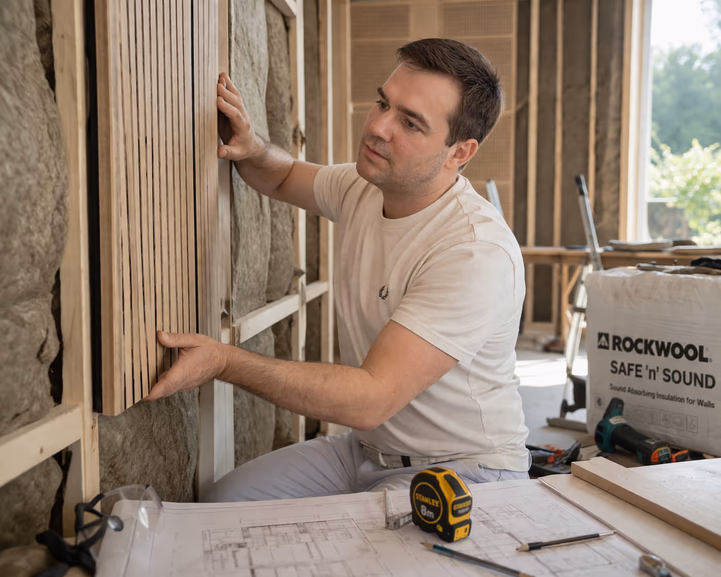Nicholas Marriott performing a hands-on installation of a timber slat acoustic panel over Rockwool mineral wool insulation. The image showcases the transition from technical plans to buildable solutions on a construction site.
