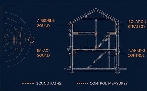 Building section diagram showing acoustic design layers — Nicholas Marriott acoustic designer Sydney
