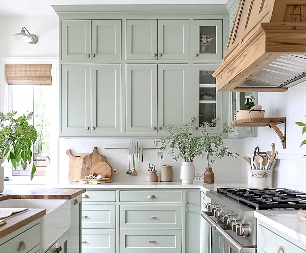 Kitchen cabinetry painted in Benjamin Moore Raindance 1572