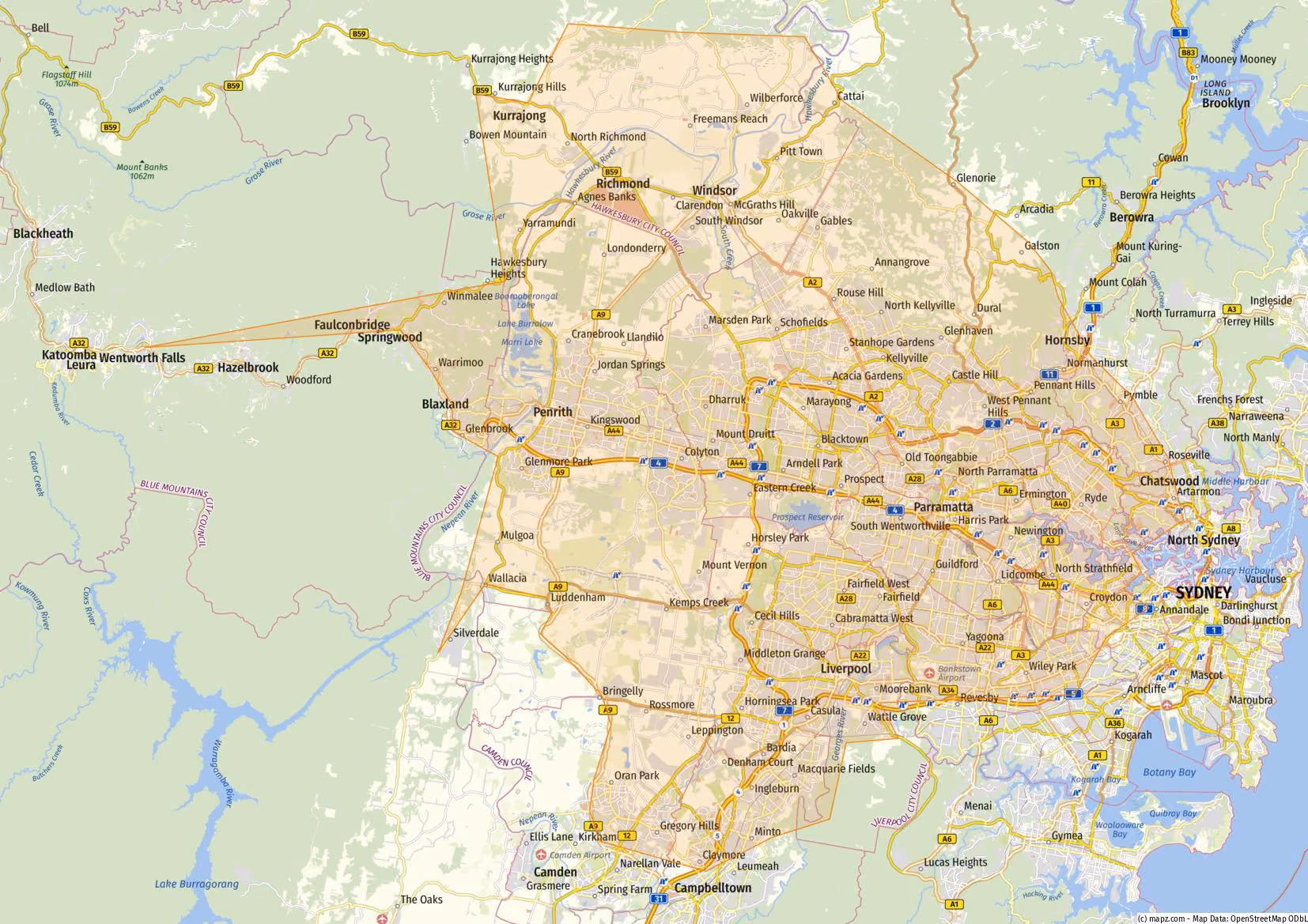 Map highlighting the western and southwestern suburbs of Sydney, Australia, including areas like Penrith, Liverpool, Parramatta, and Campbelltown with major roads and surrounding regions.