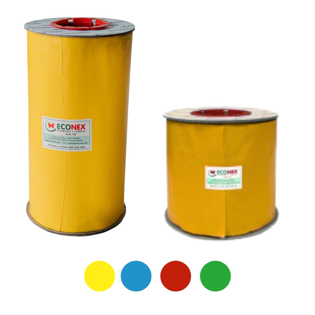 trampa cromática adhesiva, control y monitoreo de plagas, cinta atrapainsectos, control integrado de plagas, monitoreo de insectos en cultivo, trampa para invernadero, solución para manejo fitosanitario