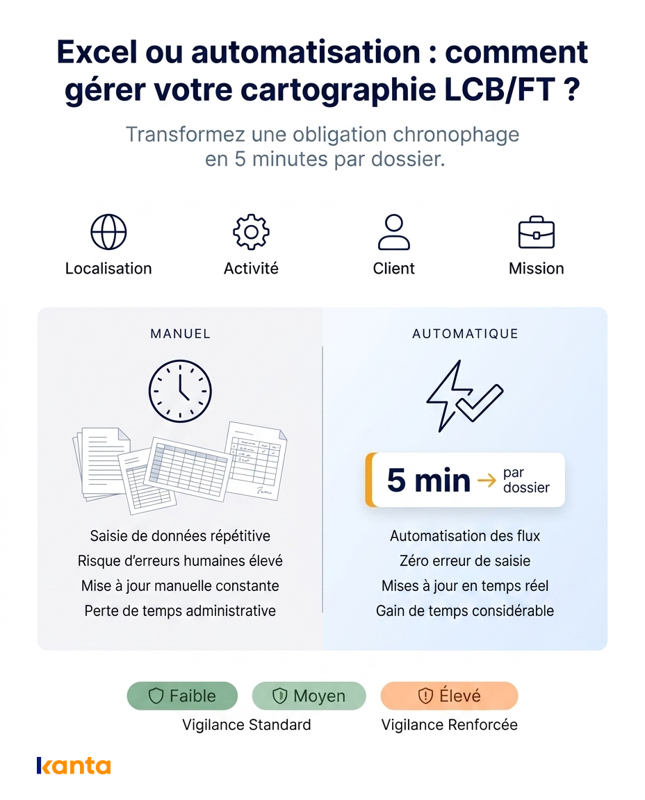 Infographie comparative entre la gestion manuelle sur Excel et l'automatisation de la cartographie des risques LCB-FT.