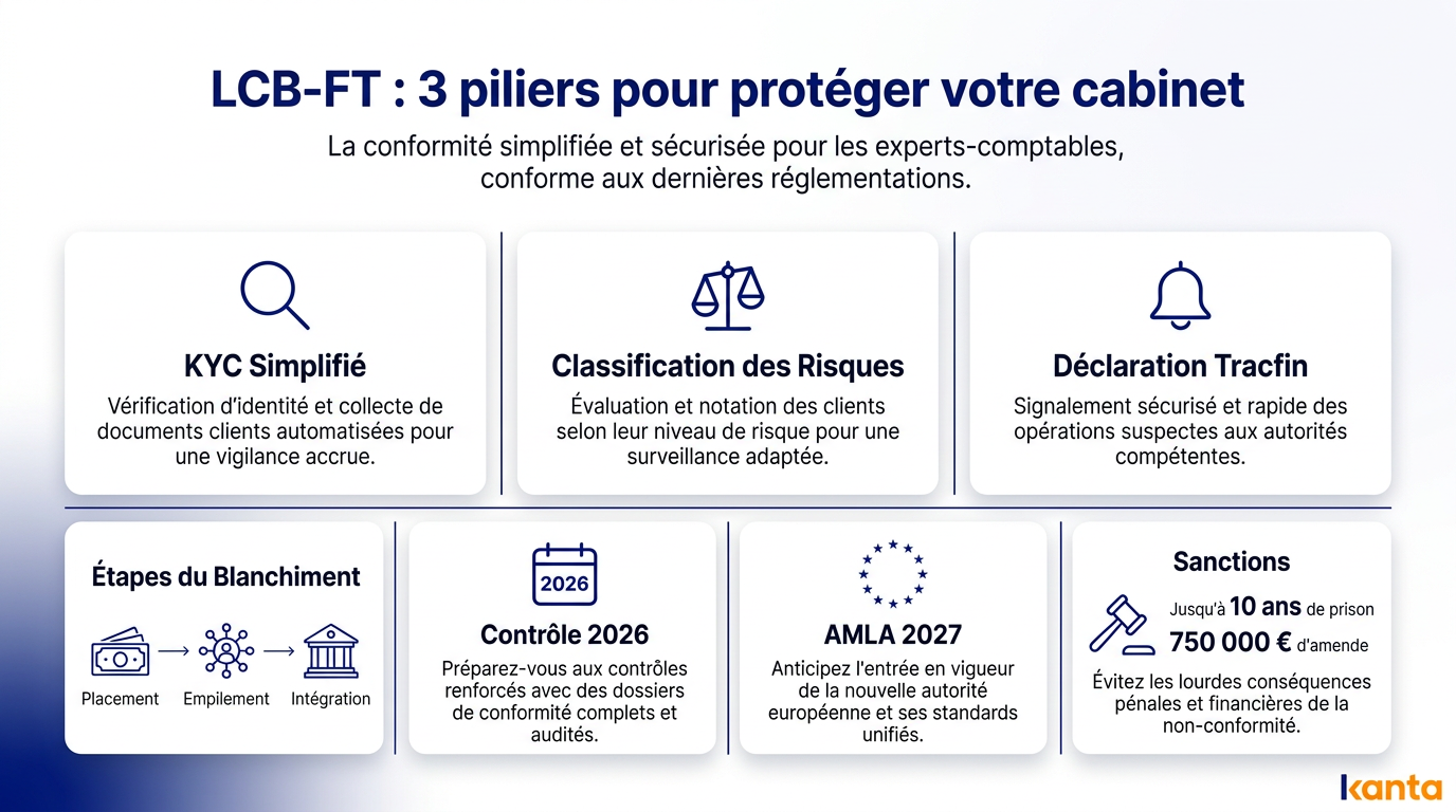 Infographie présentant les 3 piliers de la LCB-FT et la réglementation pour les cabinets d'expertise comptable par Kanta.