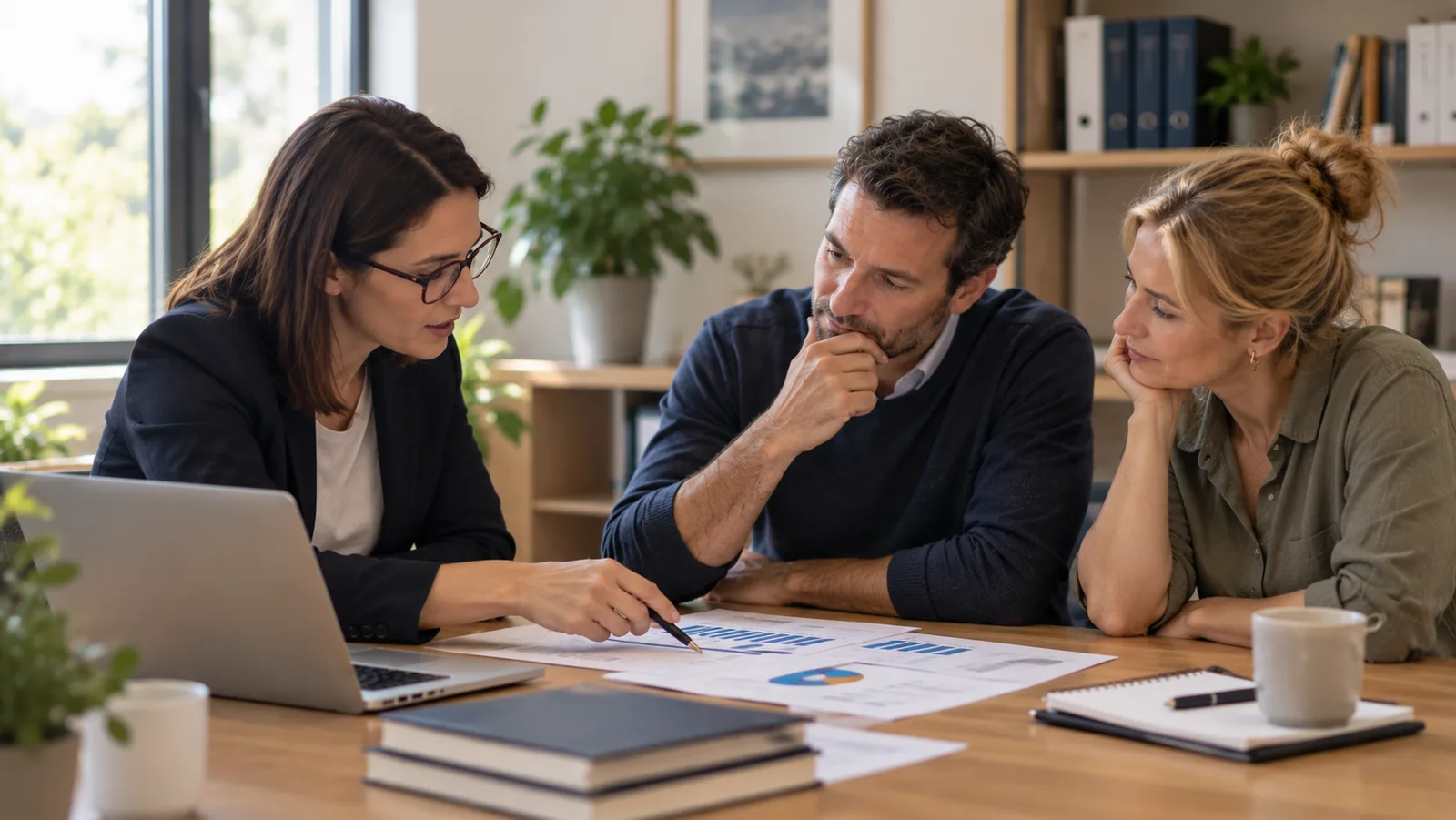 Experte-comptable présentant un bilan patrimonial à un couple de dirigeants