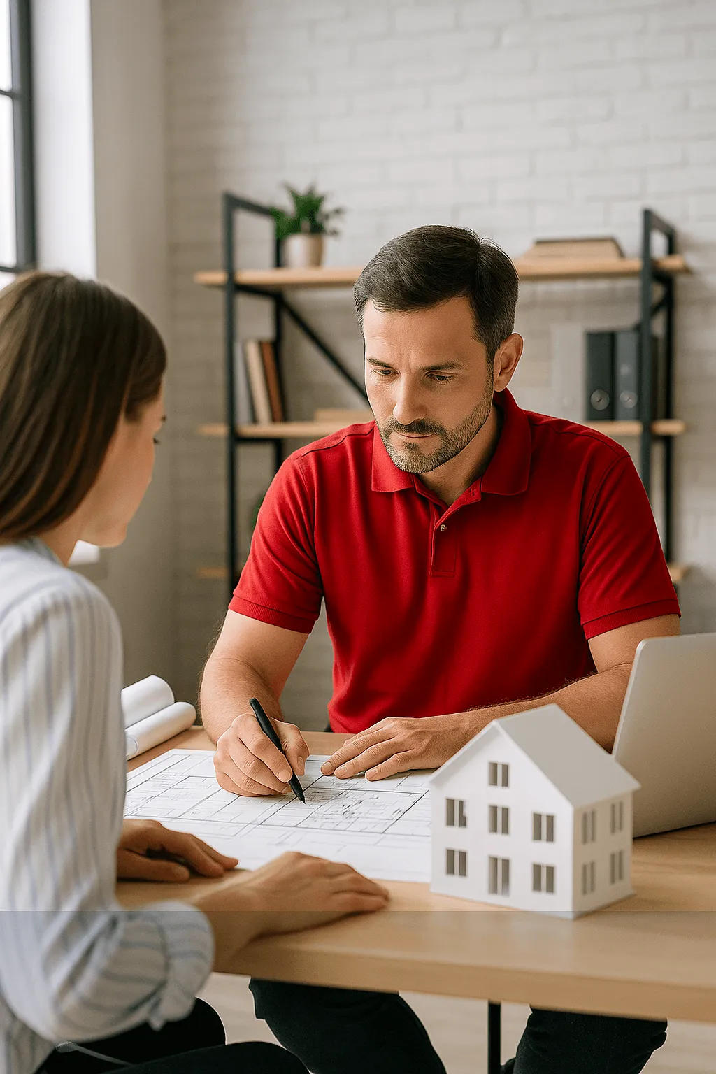 Man in red polo shirt discussing architectural plans with woman at a desk with a small house model and laptop.