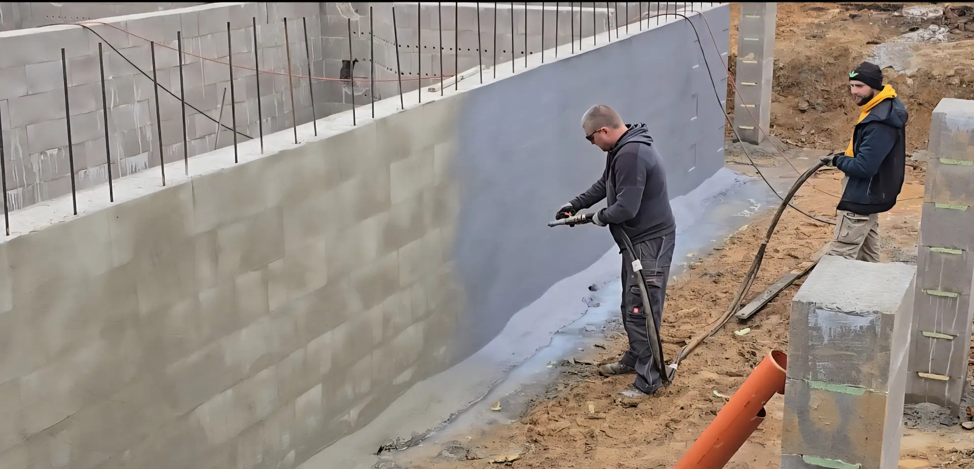 Two construction workers applying waterproof coating to a concrete foundation wall at a building site.