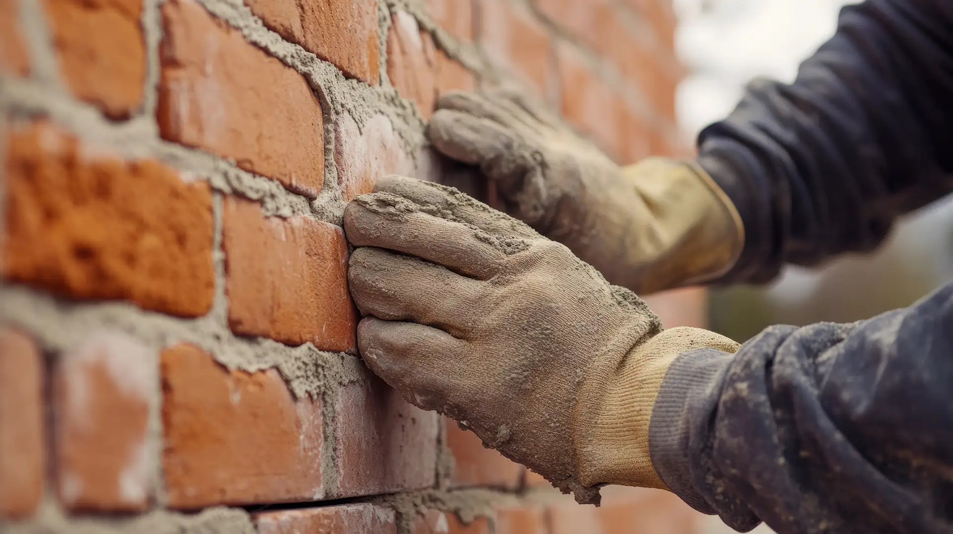 Hands in work gloves applying mortar between red bricks on a construction wall.