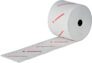 Roll of white adhesive sealing tape with red brand text unrolled on white background.