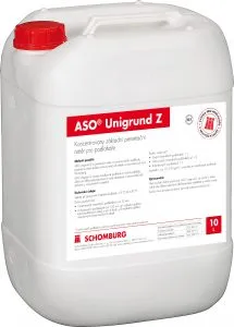White plastic container with red cap labeled ASO Unigrund Z, a 10-liter construction product by Schomburg.
