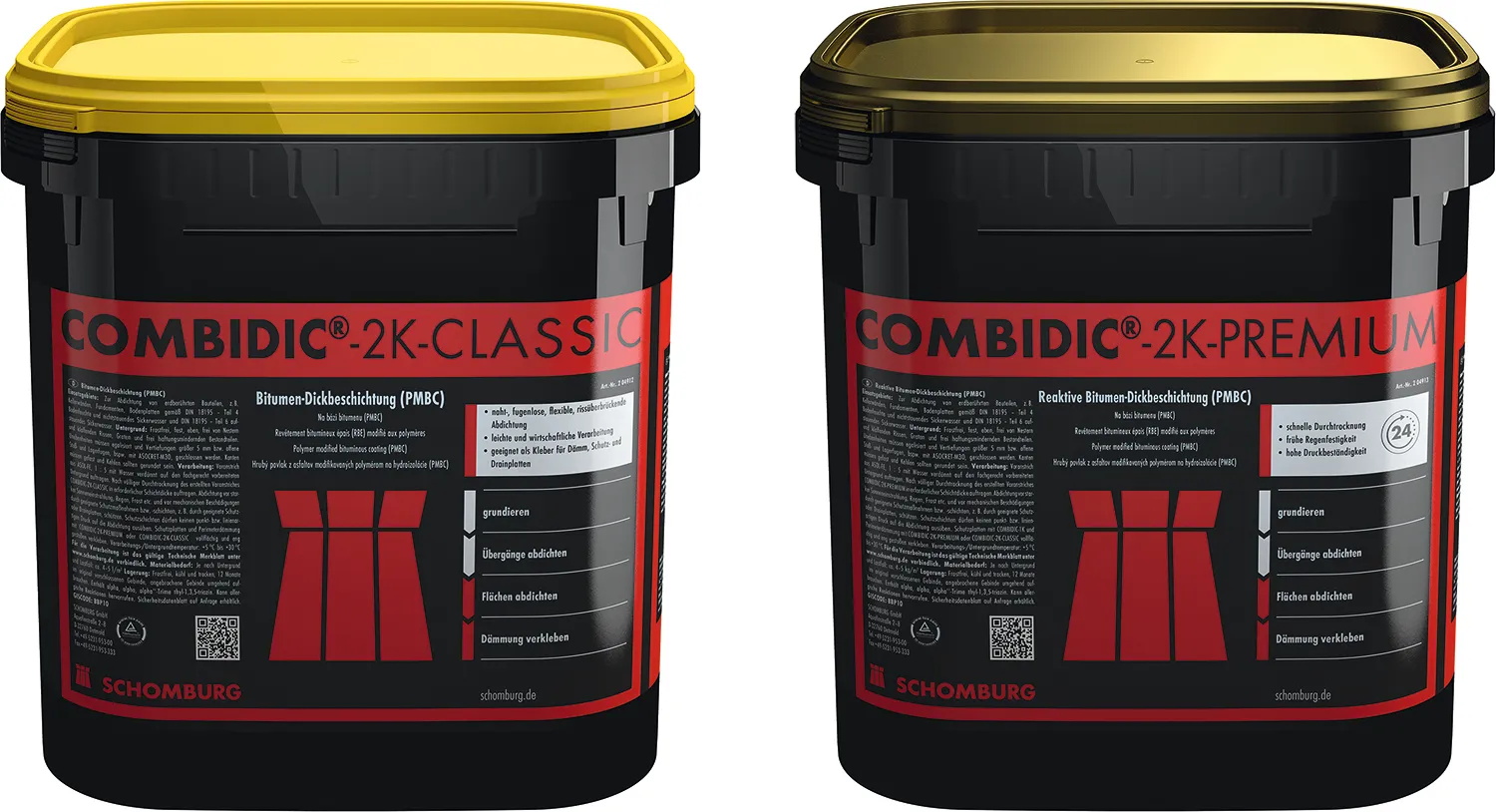 Two black buckets with yellow lids labeled COMBIDIC 2K-CLASSIC and COMBIDIC 2K-PREMIUM, containing reactive bitumen thick coatings by Schomburg.