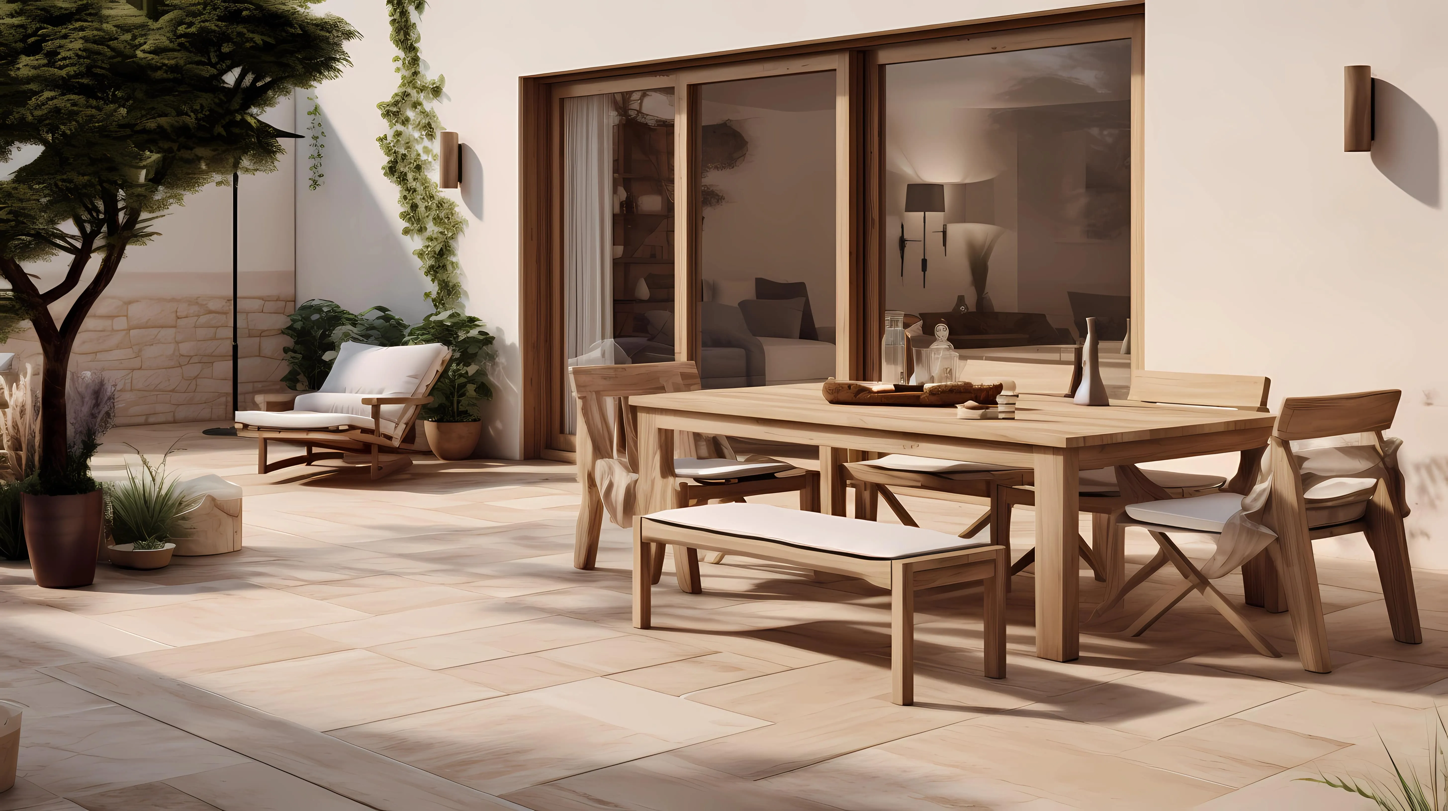 Sunlit outdoor patio with wooden dining table, chairs, bench with cushions, potted plants, and lounge chair against a cream wall with sliding glass doors.