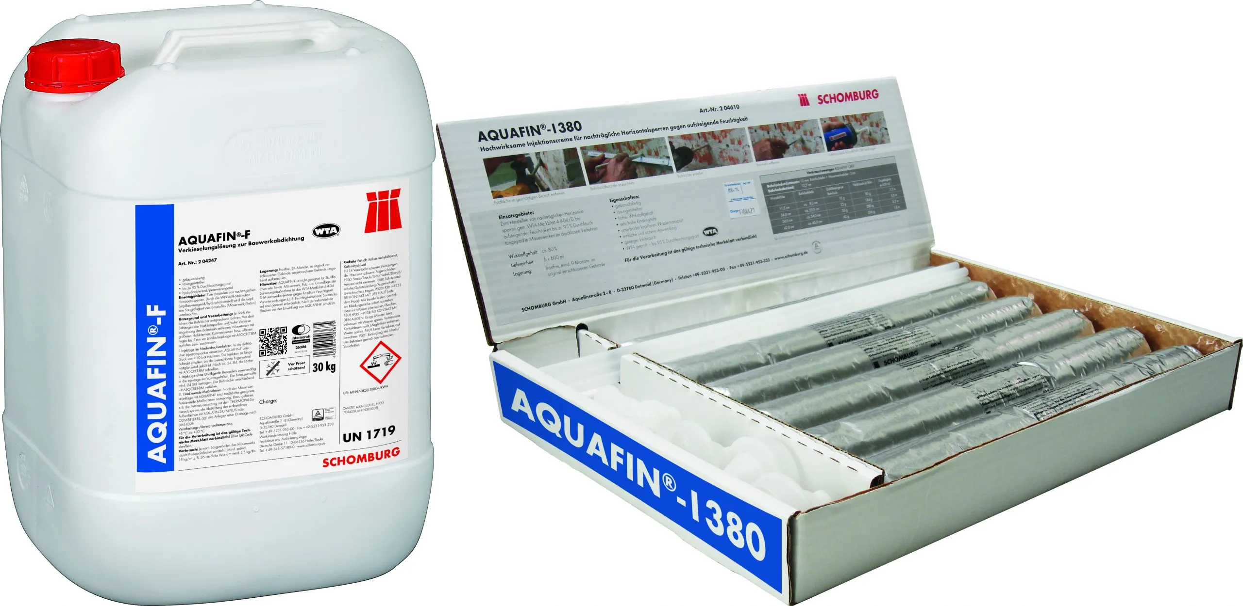 White canister of AQUAFIN-F construction sealing solution and an open box of AQUAFIN-1380 injection cream tubes by Schomburg.