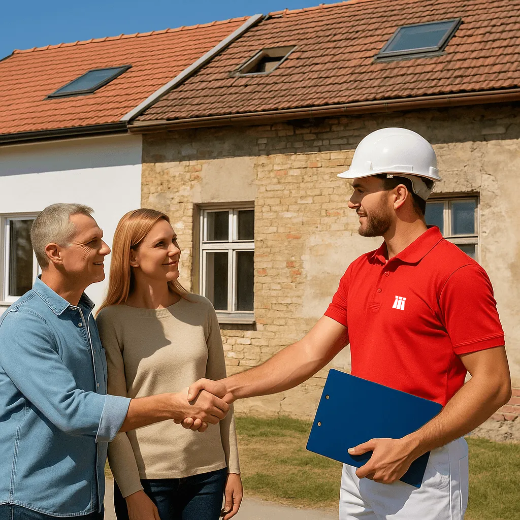 Man in a red shirt and white hard hat shaking hands with a couple outside a house.