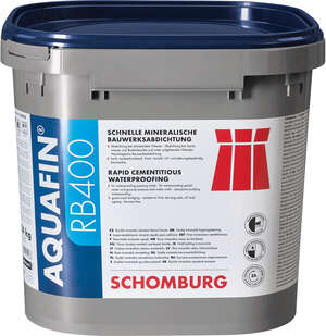 Blue container of AQUAFIN-RB400 rapid cementitious waterproofing product by Schomburg.
