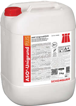 White plastic container with red cap labeled ASO Unigrund Z, a 10-liter construction product by Schomburg.