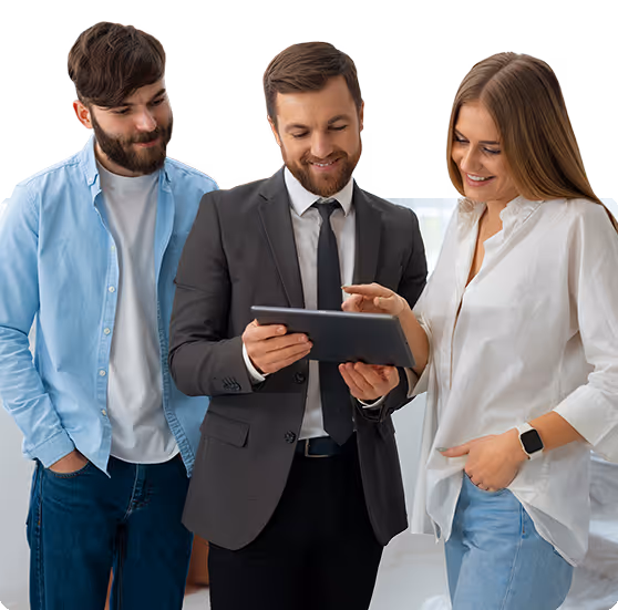 Realtor and Client Explaining something on a device about ongoing management & support