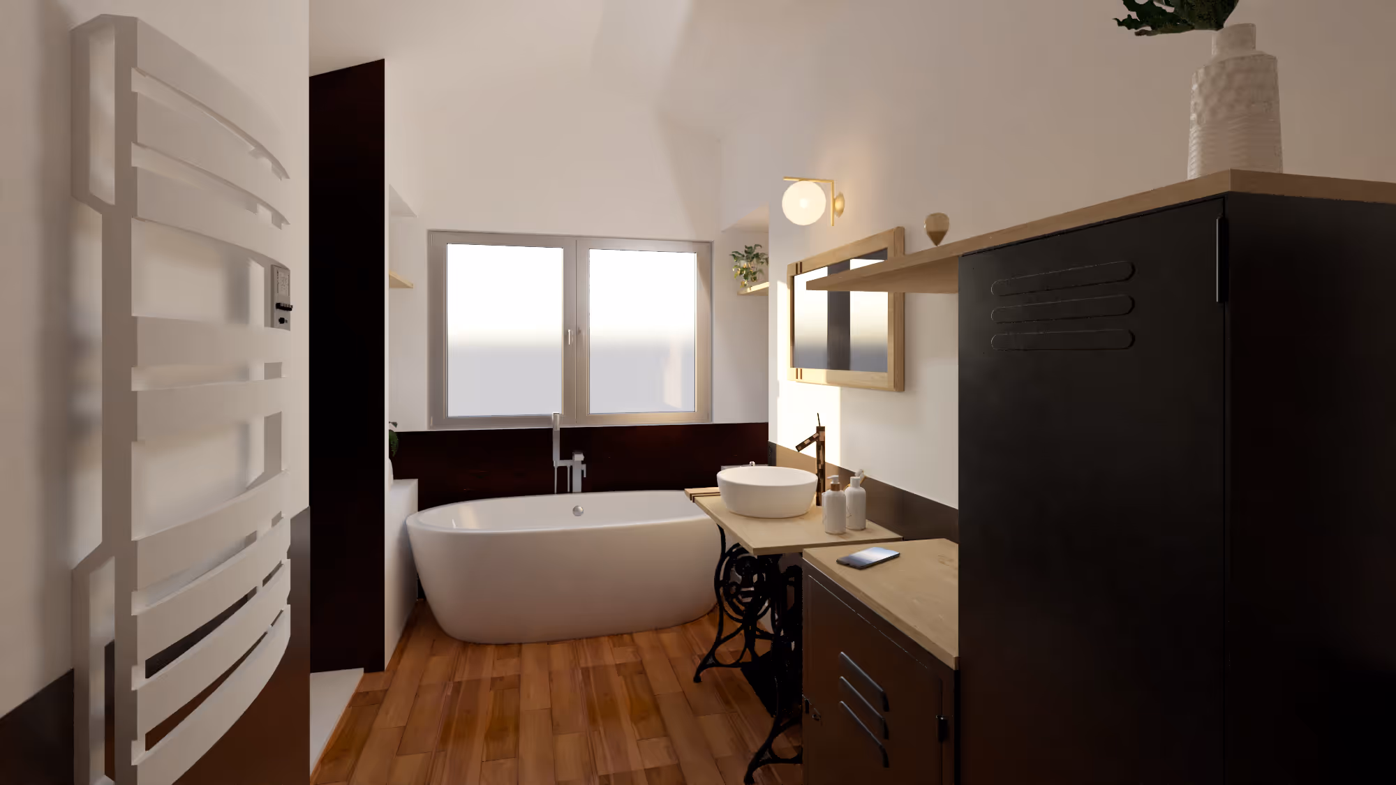 Salle de bain compacte comprenant une baignoire et un lavabo, avec des murs carrelés et un éclairage doux.