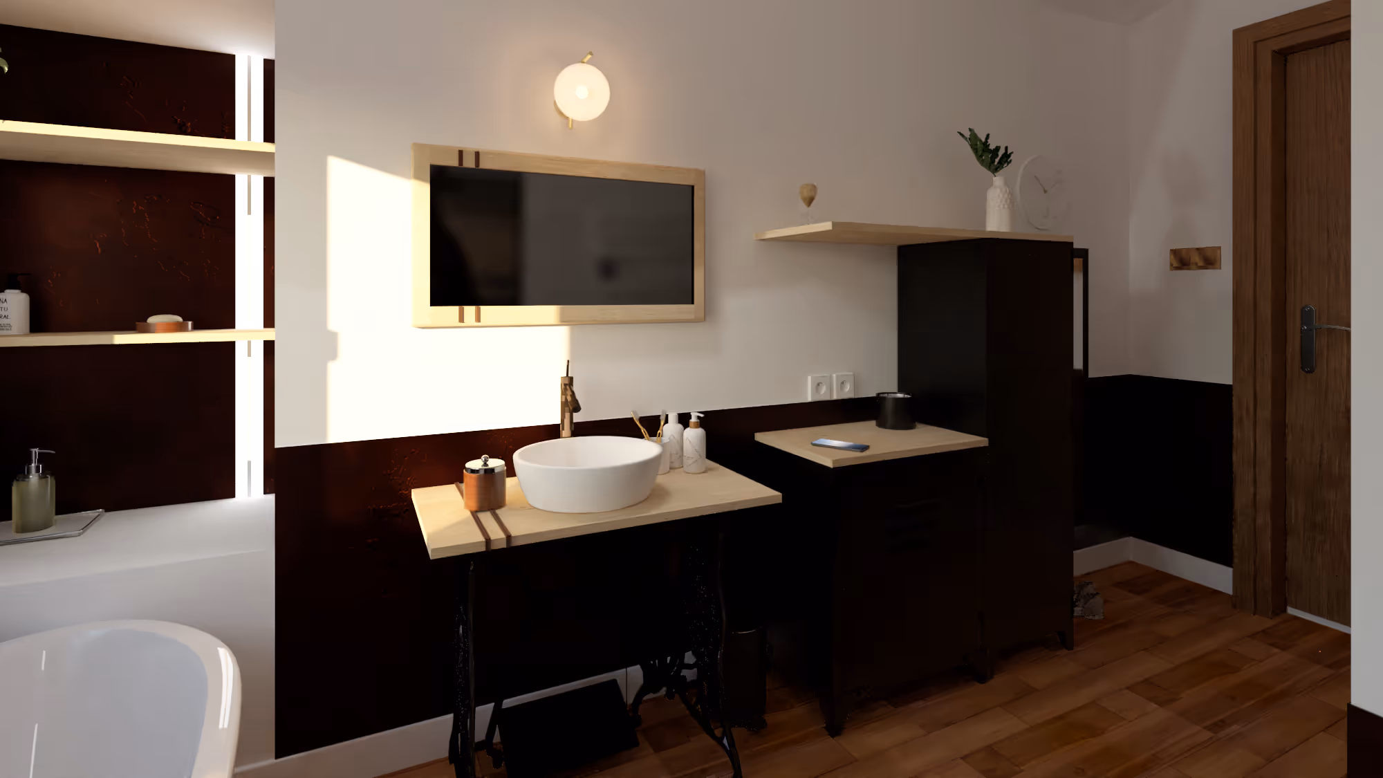 Intérieur d'une salle de bain comprenant un lavabo, d'une baignoire et un miroir.