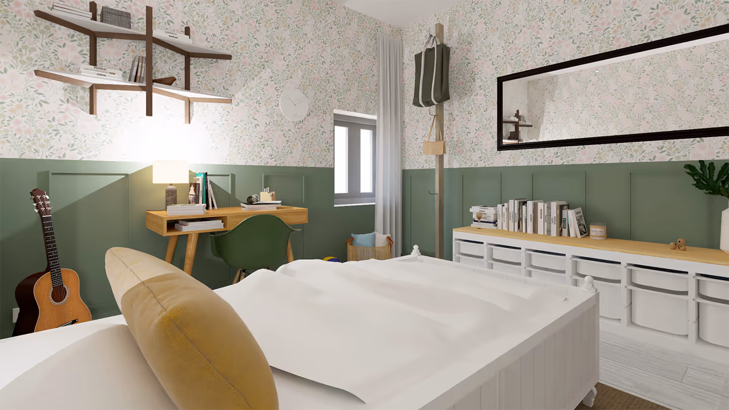 Une chambre d'enfant avec des murs verts et des meubles blancs, créant une ambiance fraîche et apaisante.