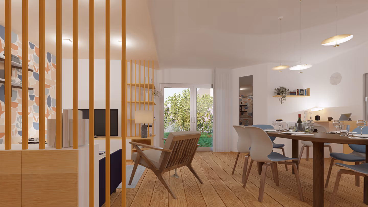 Salle à manger moderne avec un sol en bois et une cloison en bois, créant une ambiance chaleureuse et accueillante.