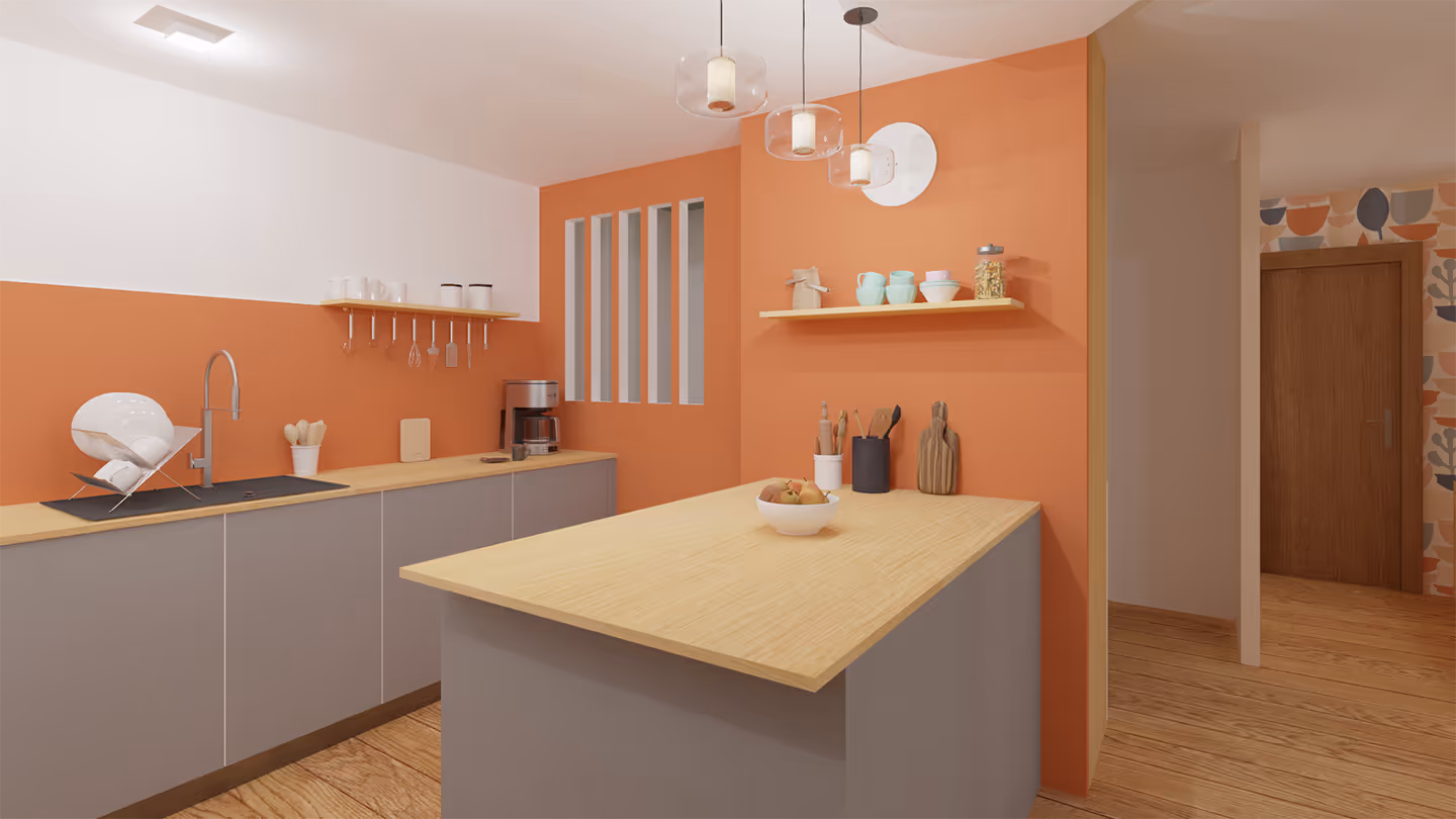 Cuisine moderne avec des murs orange et des armoires blanches, alliant couleur et fonctionnalité.