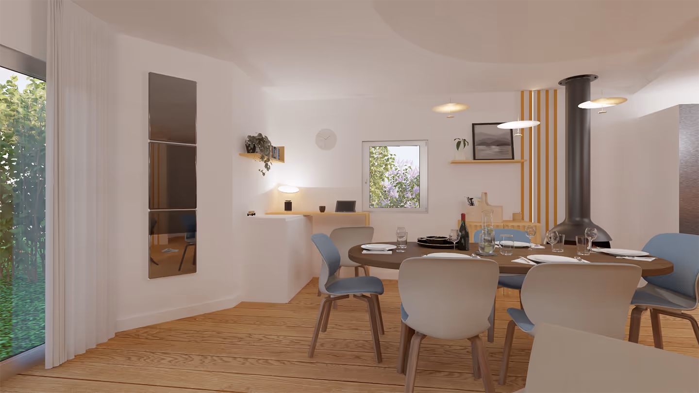 Une cuisine moderne avec un coin repas élégant, mettant en valeur des meubles contemporains et des finitions lumineuses.