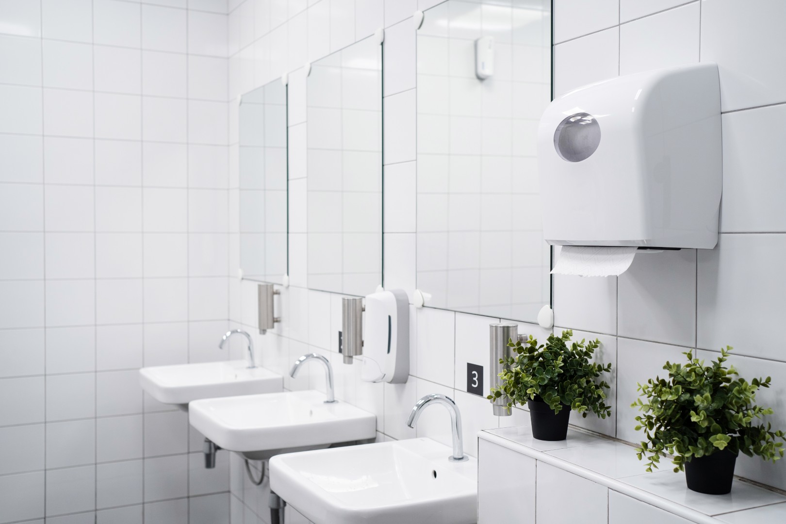 Bathroom with paper and soap dispensers