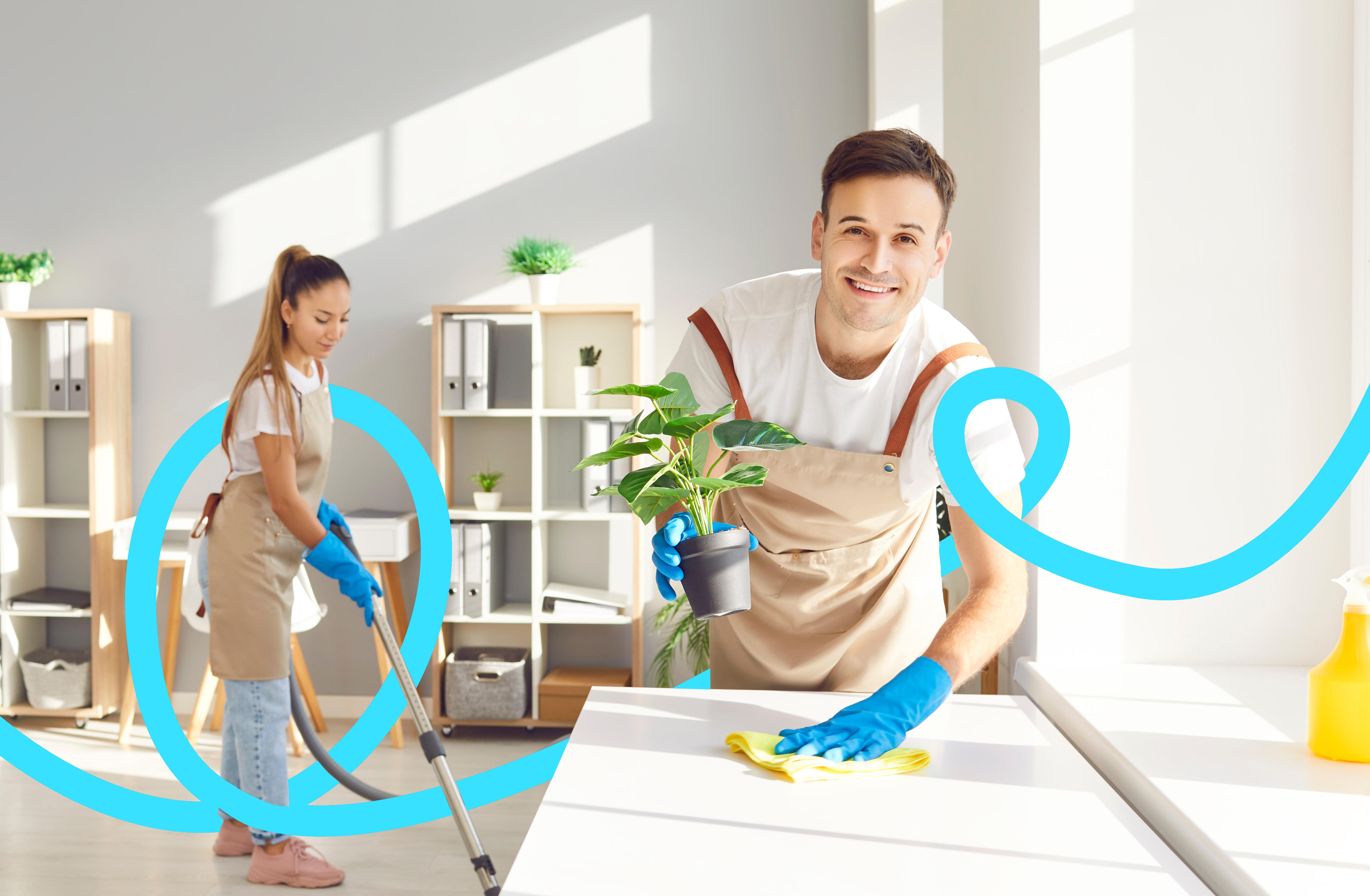 Salto decoration on male and female peforming cleaning