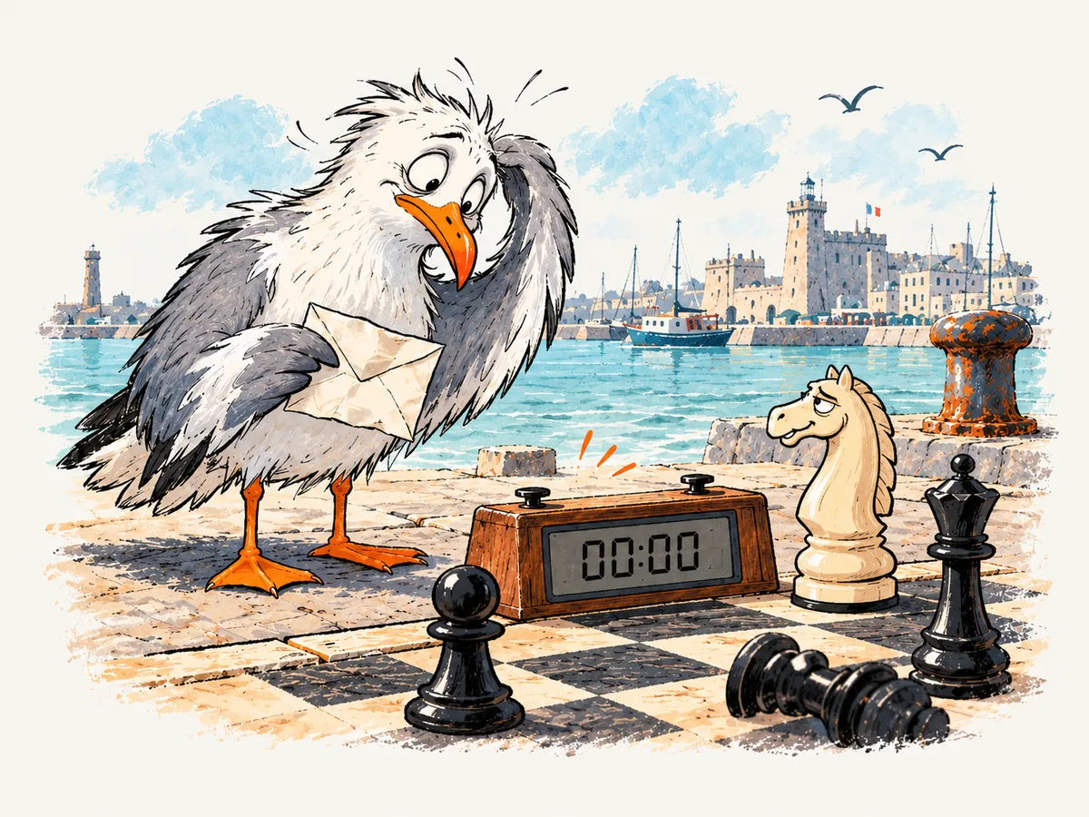Une mouette ébouriffée regarde une pendule à zéro, près d’un cavalier amusé.