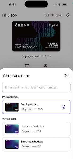 Reap Direct mobile app interface card switching options
