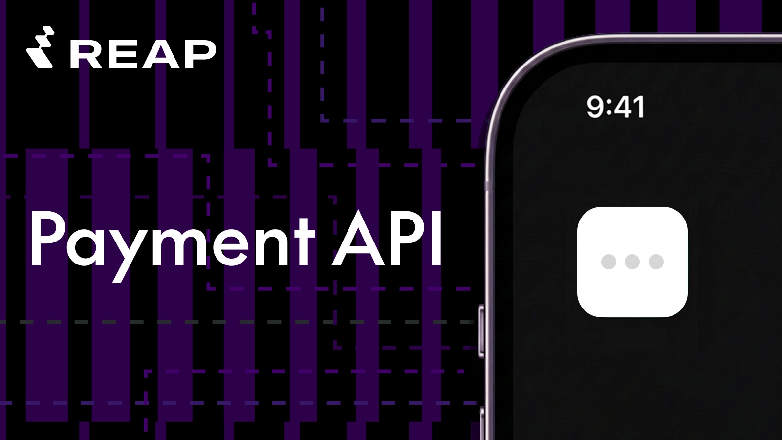 Partial phone screen showing a white app icon with three dots and text saying Payment API on dark background.