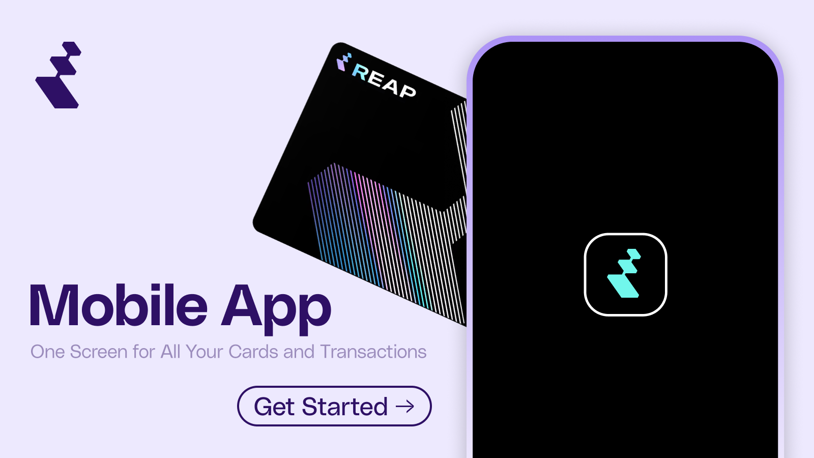 Mobile app promotion with a black Reap card and smartphone showing the app logo, call to action: Get Started.