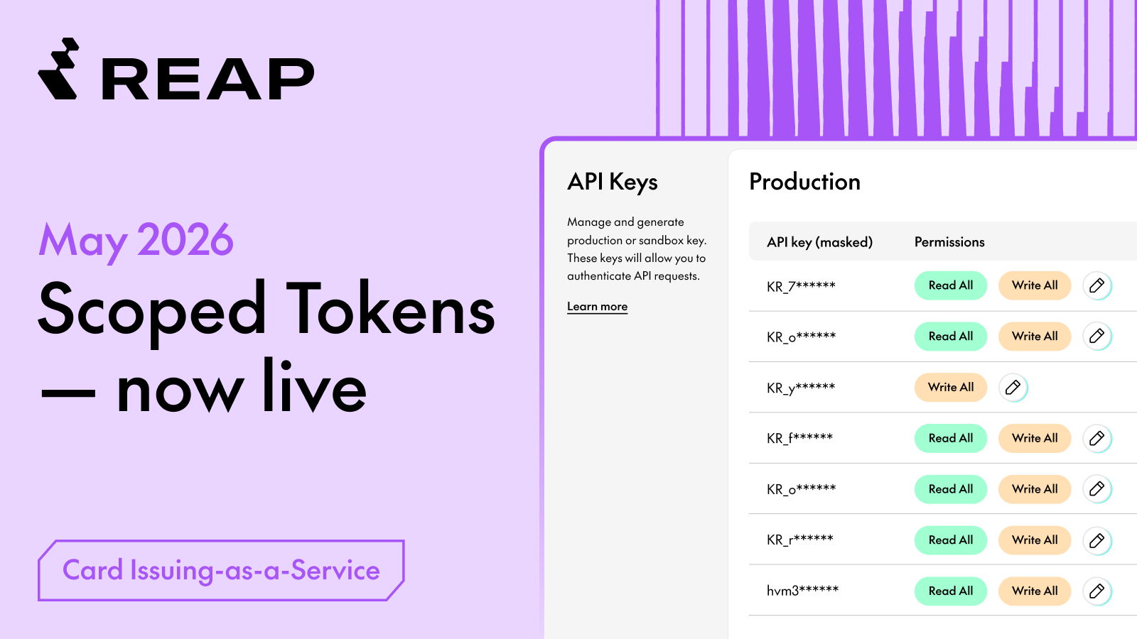 REAP announcement for May 2026 launch of Scoped Tokens with API key permissions shown on screen.