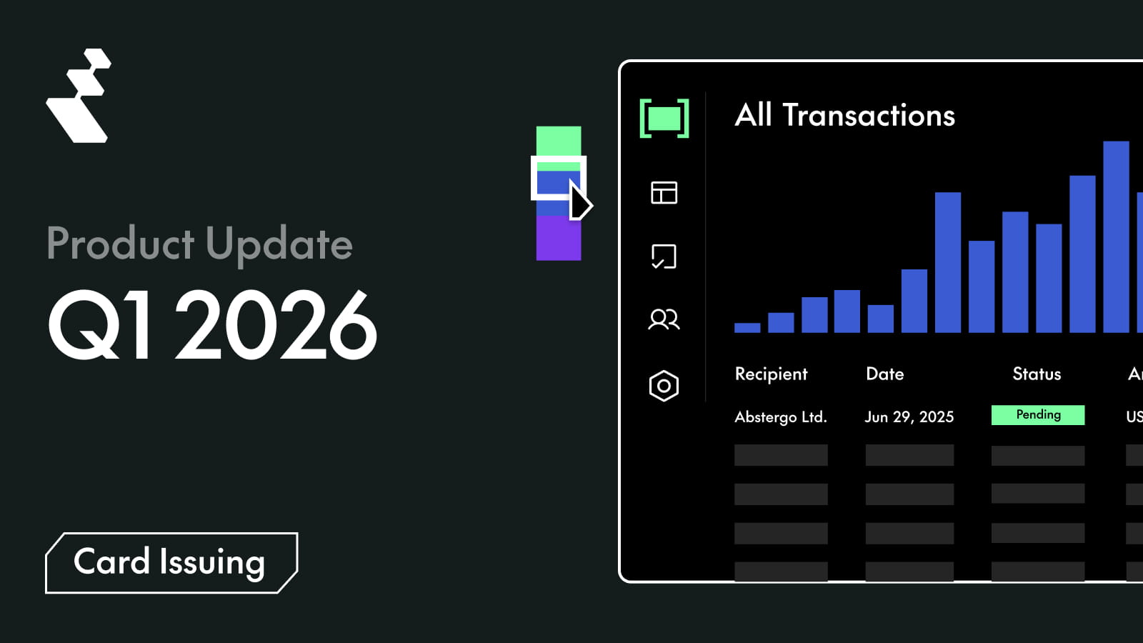 Dashboard showing Q1 2026 product update with card issuing and transactions data bar chart.