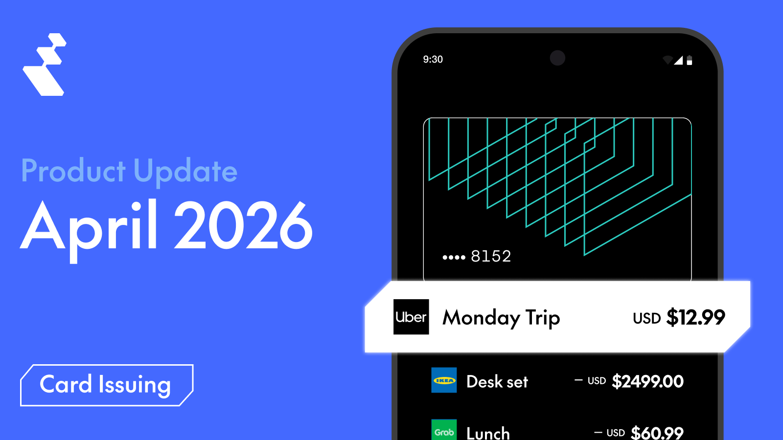 Smartphone screen showing card transactions for Uber, IKEA, and Grab with prices on blue background.
