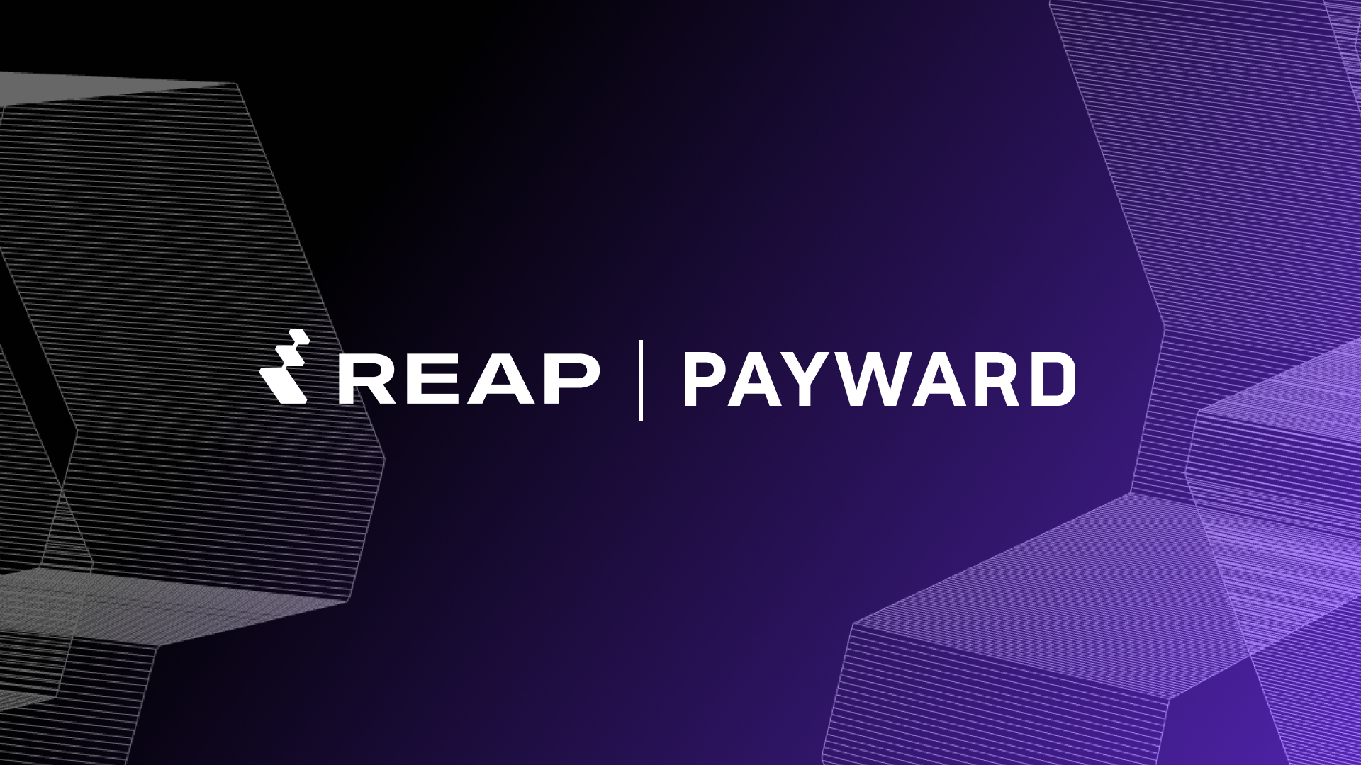 Reap and Payward logos with geometric line patterns on dark purple background.