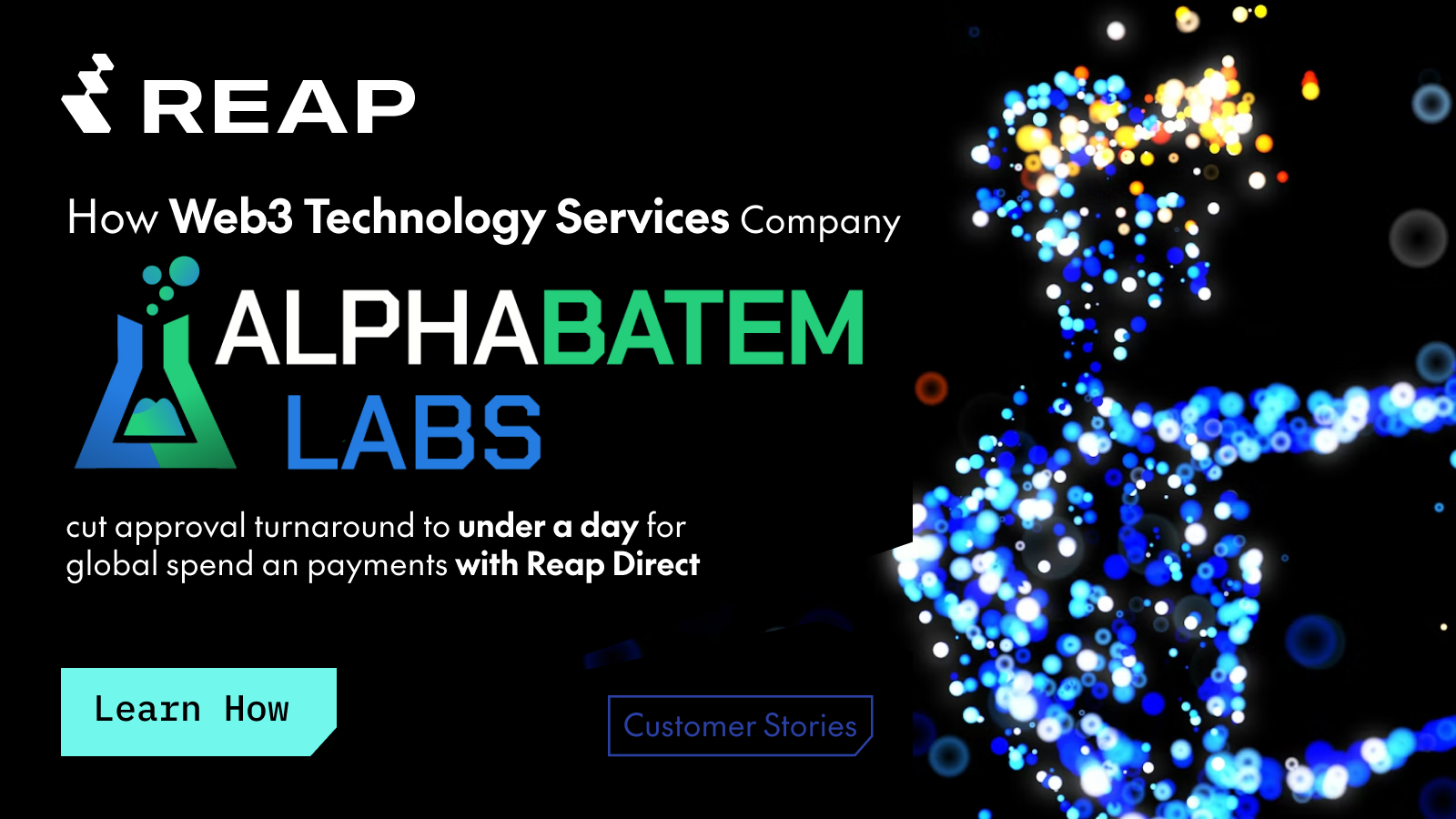Black background with REAP and AlphaBatem Labs logos and text about fast approval turnaround using Reap Direct.