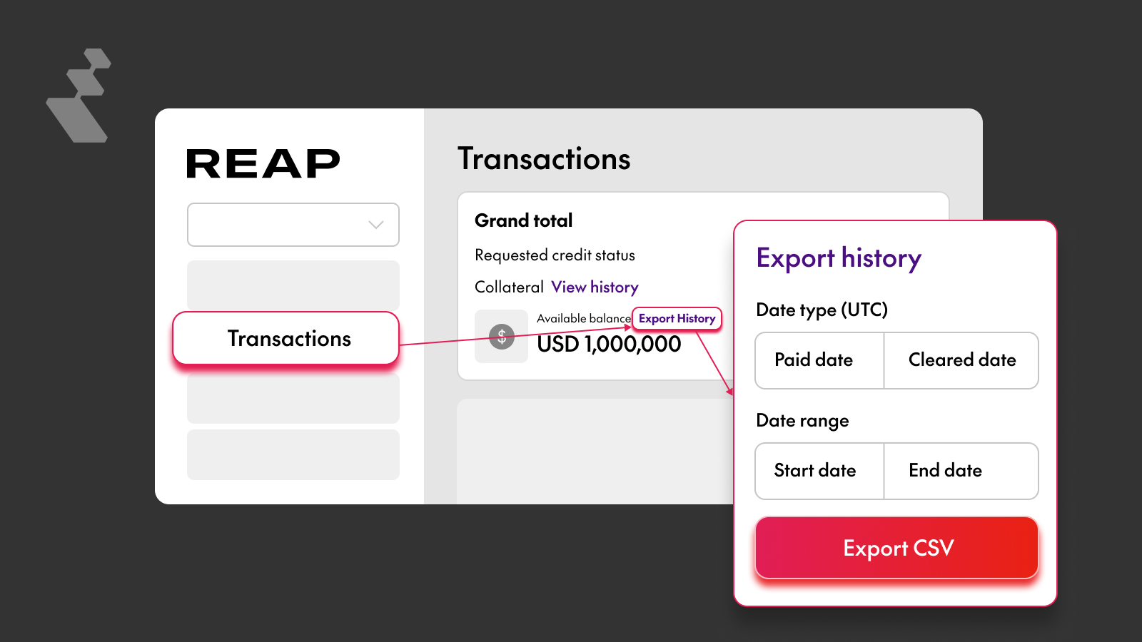 User interface for REAP Transactions showing export history options to download CSV by date type and range.