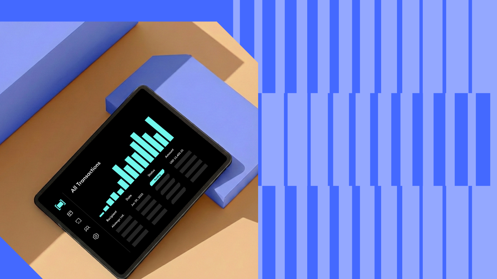 Tablet on a geometric background showing all transactions with a bar chart and status details.