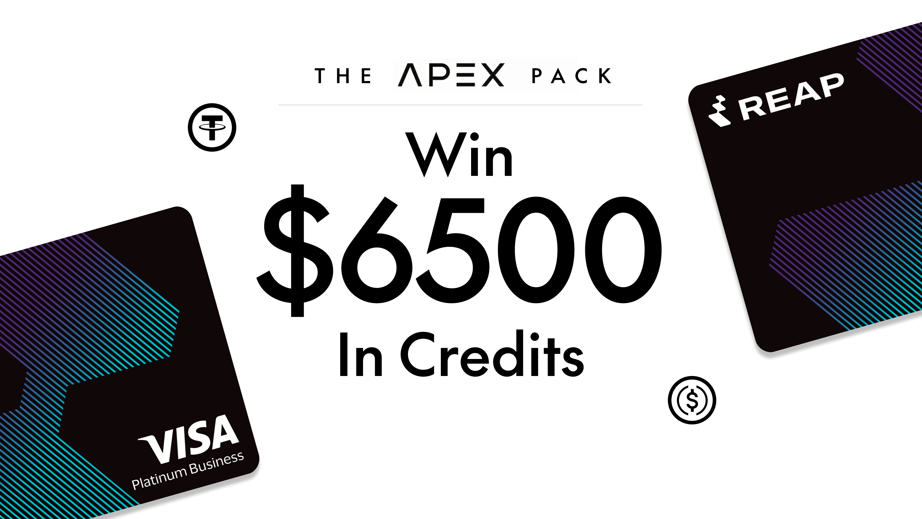 Graphic showing a $6500 credit prize with Visa Platinum Business and REAP cards featured.