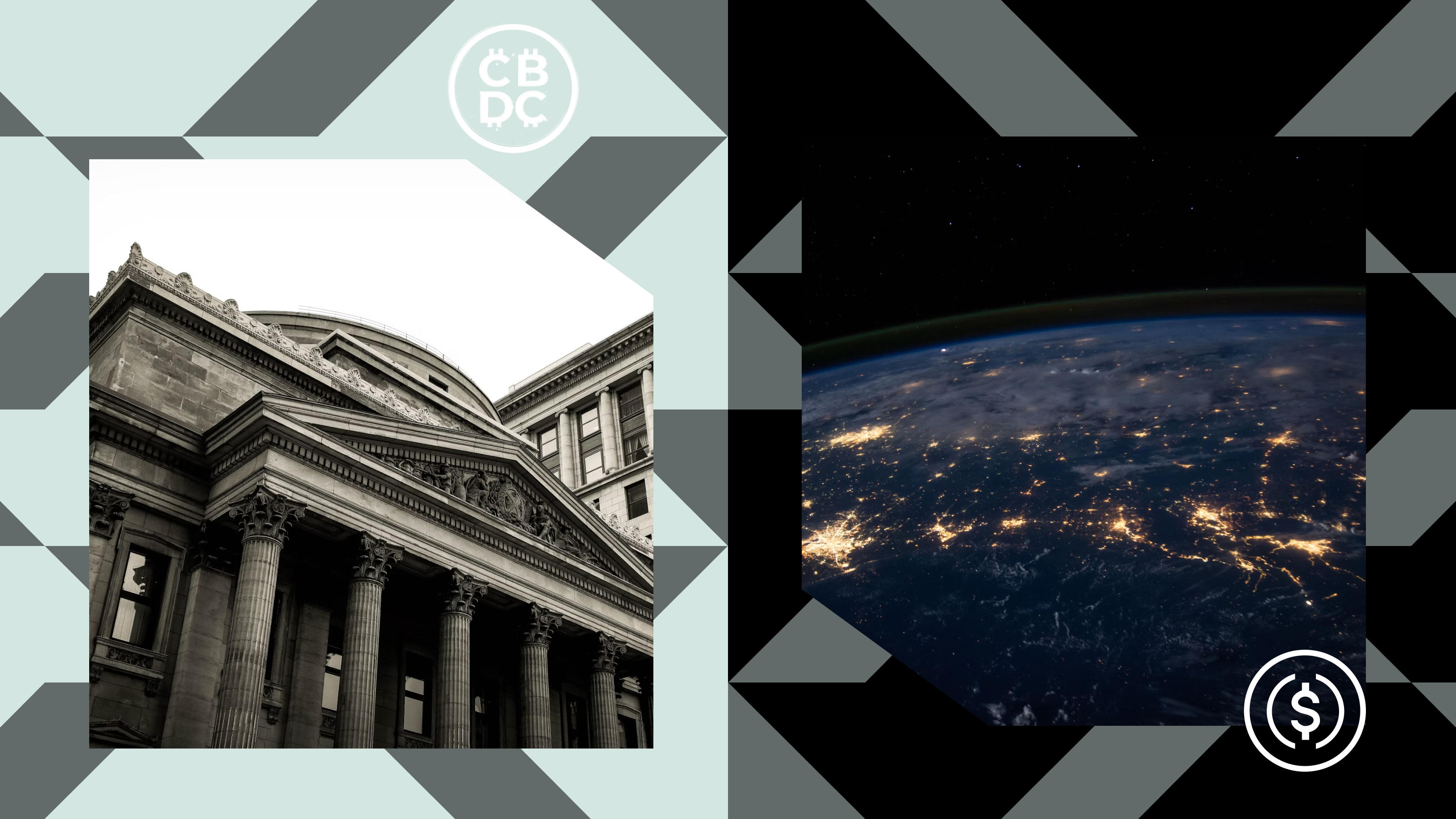 Split image: classical bank building with columns contrasted with Earth at night showing city lights from space.