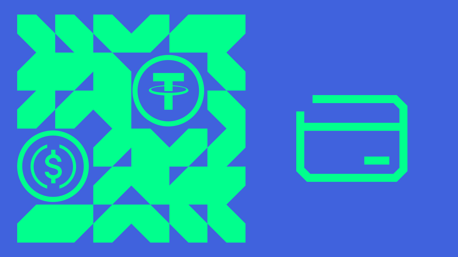 Green digital icons of stablecoins and a credit card on a blue background.