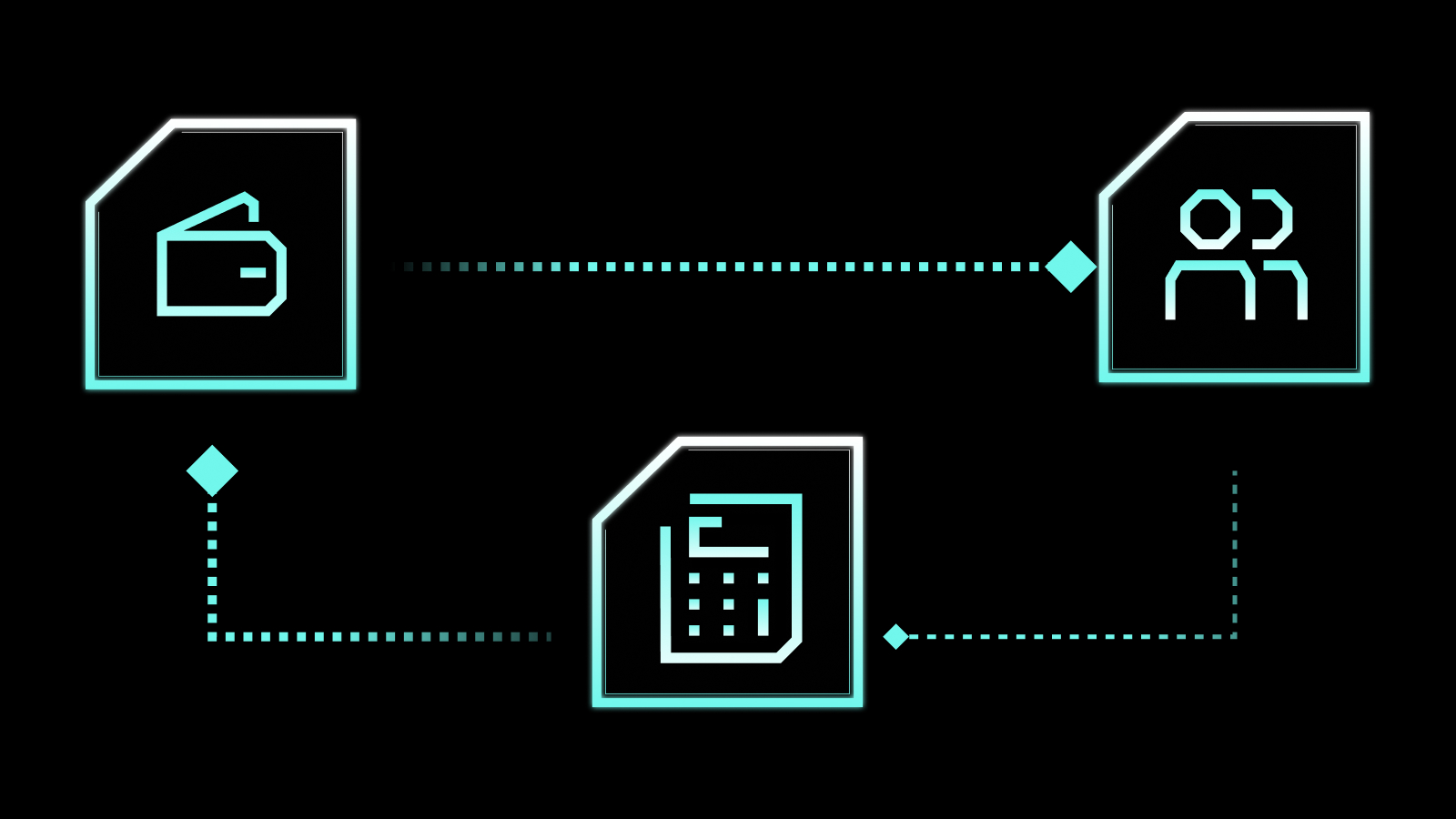 Three glowing icons connected by dotted lines: wallet, document with calculator, and two user figures.
