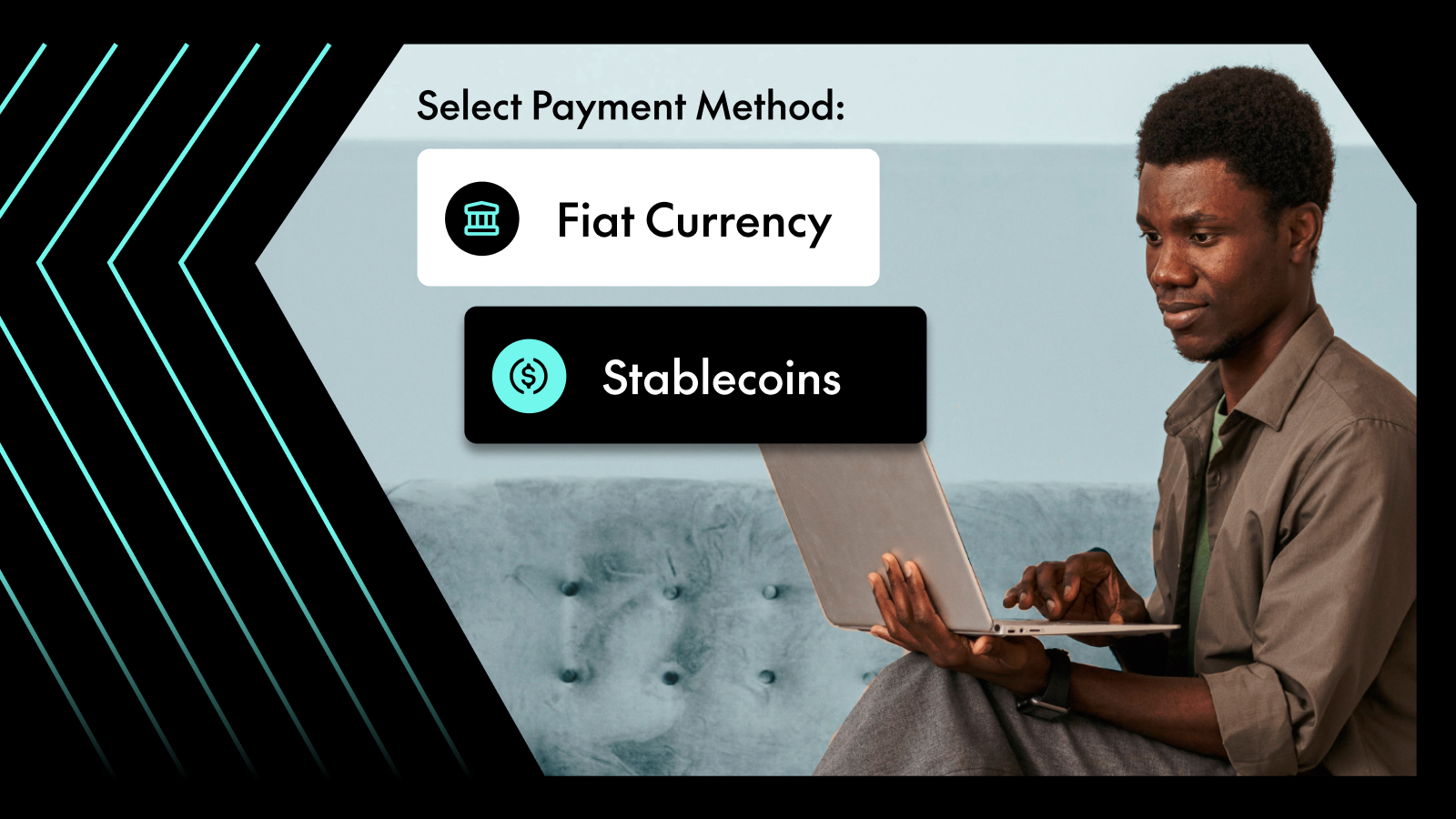 Man sitting on a blue couch using a laptop with options to select fiat currency or stablecoins for payment.